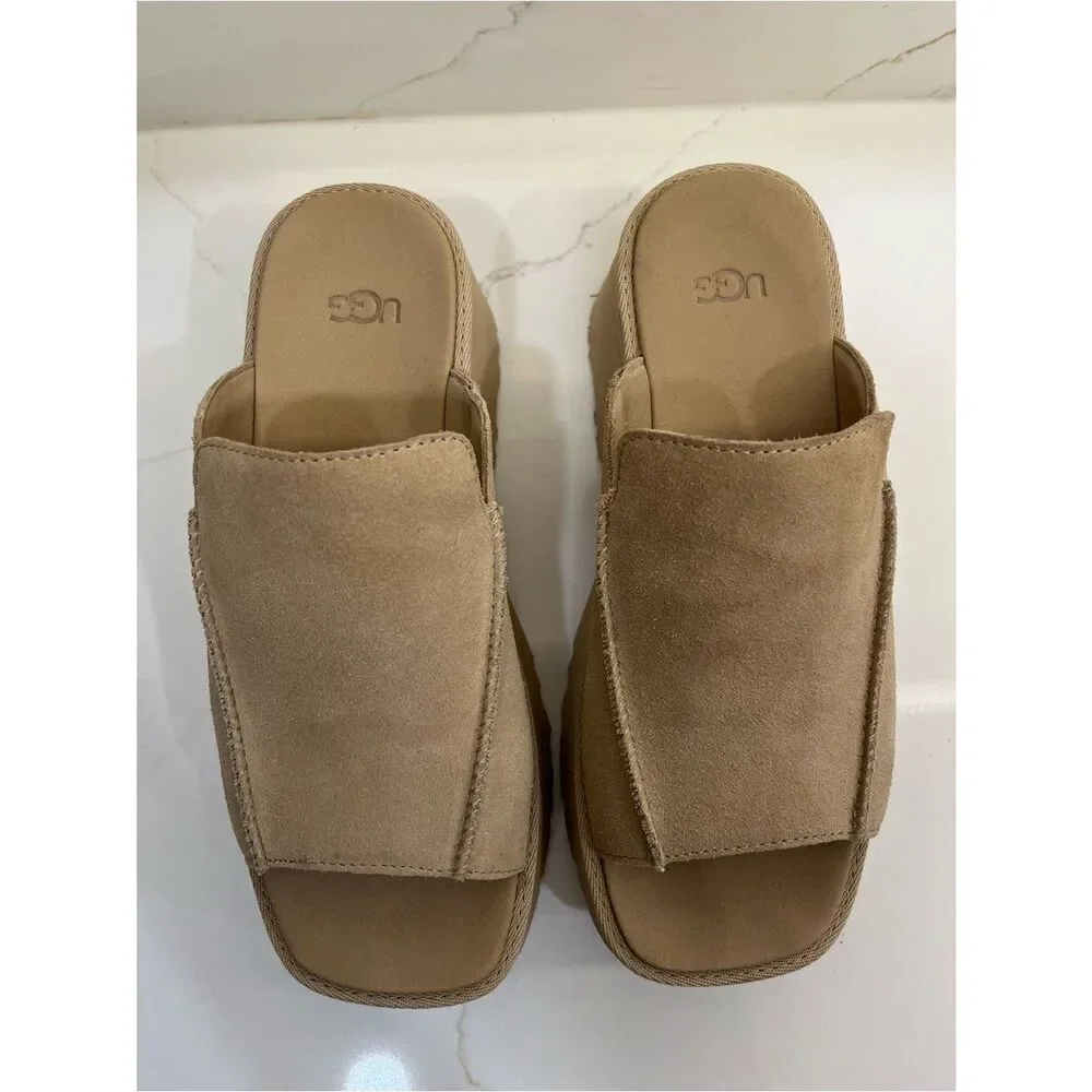 UGG Suede Platform Slide Sandals Camel Tan Square Toe Wedge Slides Sz 9